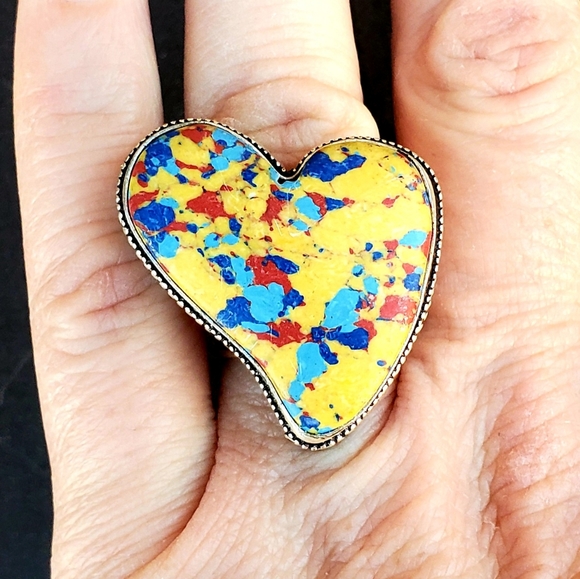 New Heart Shaped Mosaic Balloon Jasper 925 Silver Ring. - Picture 1 of 10
